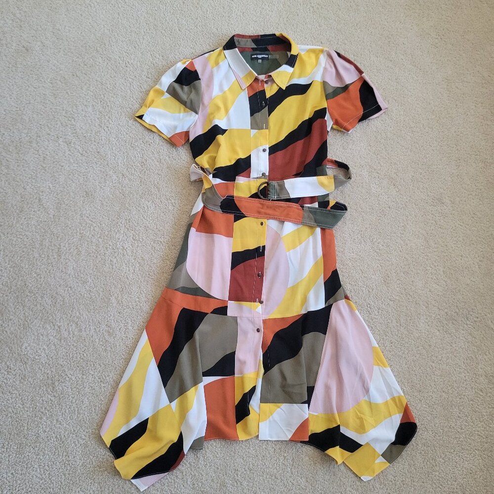Karl Lagerfeld Paris Abstract Shirt Dress size 16 Handkerchief Midi Multicolor